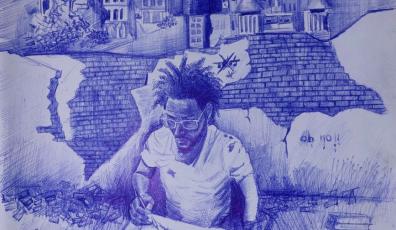 The drawing shows a man sitting writing at a desk, using a wheelchair. In the background is a scene of war with a plane and bombed buildings.