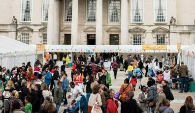 Yorkshire Integration Festival 2022 in Millennium Square in Leeds with Civic Hall in the background