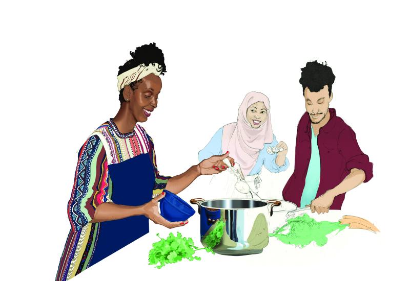 Group of refugees baking