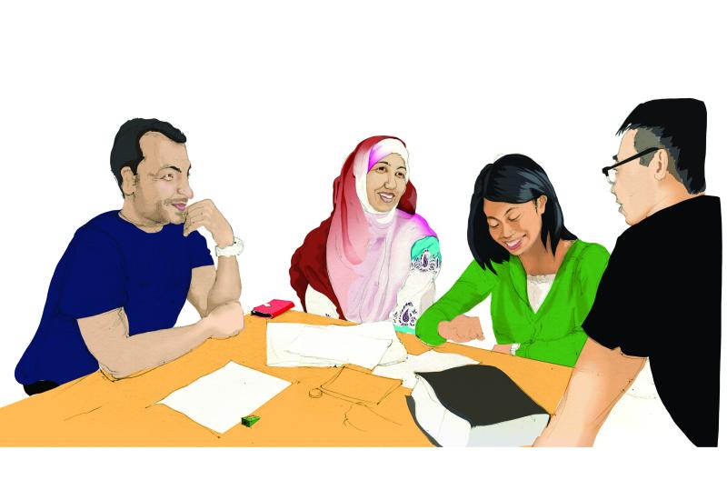 A refugee attending a traditional college class