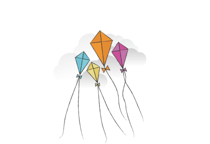 A drawing of four kites flying in the wind.