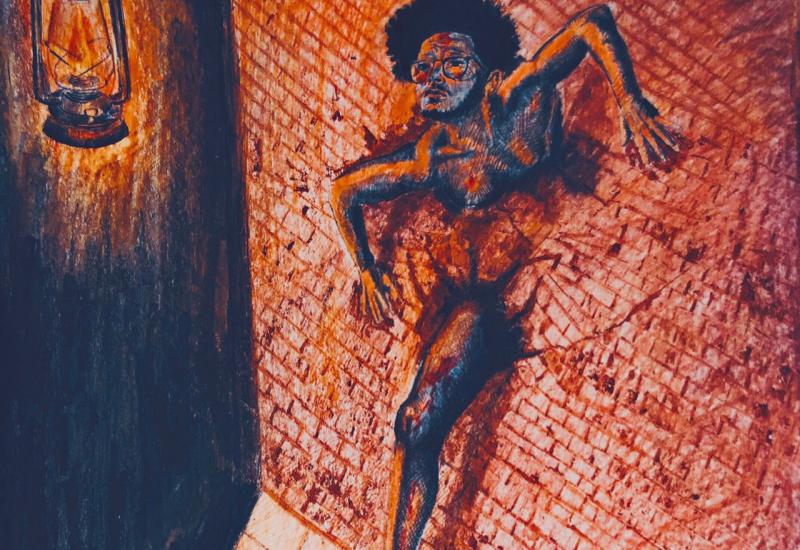 A woman breaking through a wall towards a lamp.