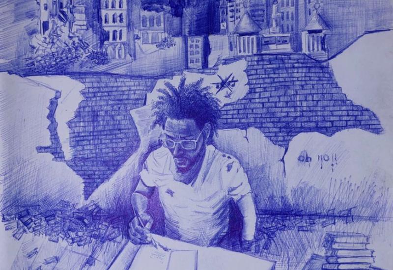 The drawing shows a man sitting writing at a desk, using a wheelchair. In the background is a scene of war with a plane and bombed buildings.