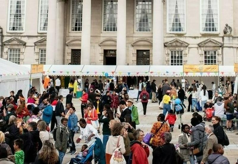 Yorkshire Integration Festival 2022 in Millennium Square in Leeds with Civic Hall in the background