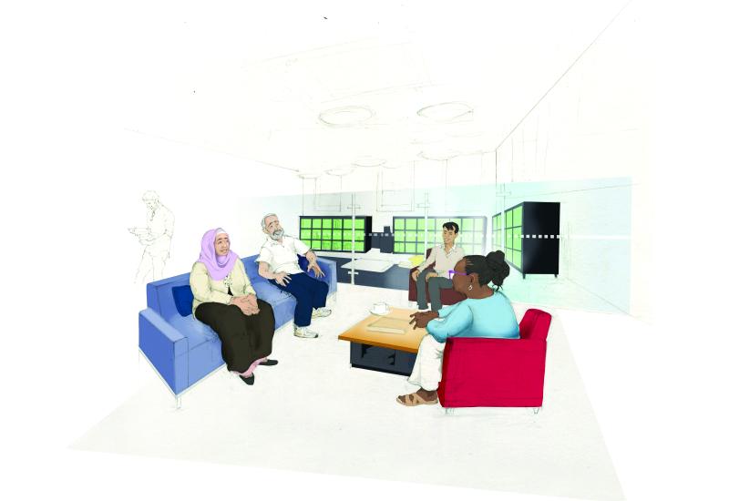 Drawing of a diverse group of people seated on sofas on a library, in conversation