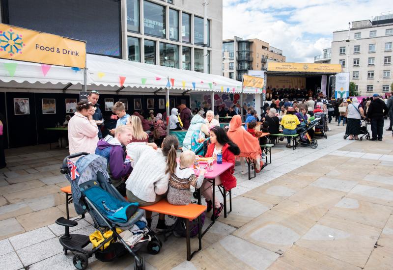 Crowds enjoying the food and drink available at the Yorkshire Integration Festival 2022
