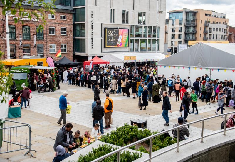 Crowds enjoying the food and drink available at the Yorkshire Integration Festival 2022