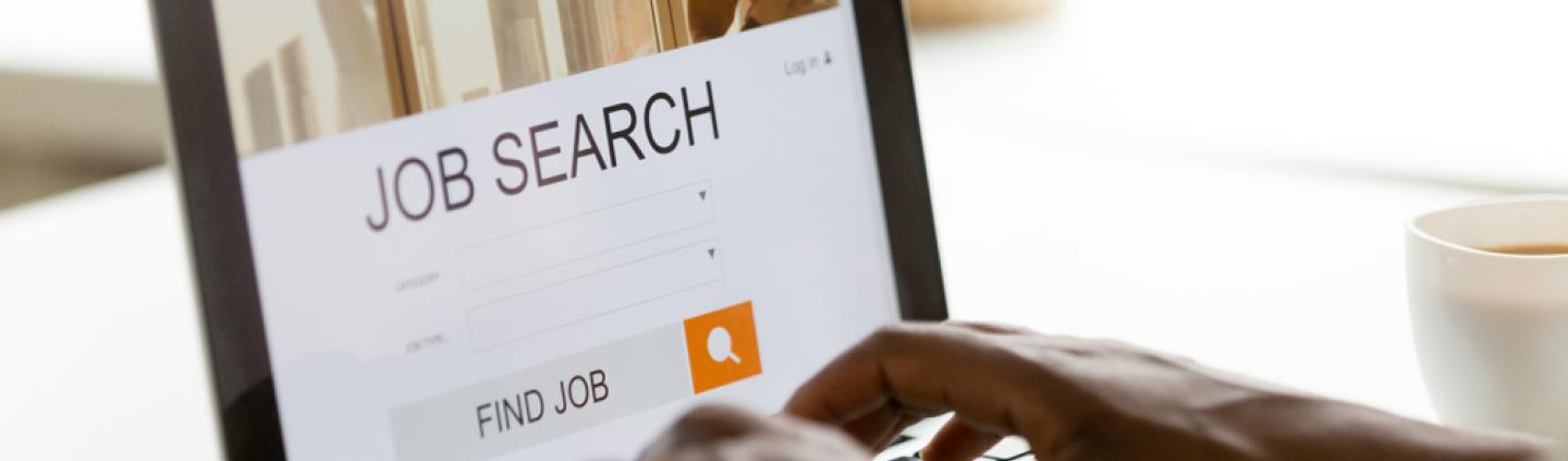 A person carrying looking for a job on a laptop