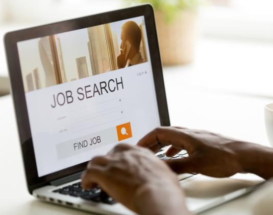 A person carrying looking for a job on a laptop