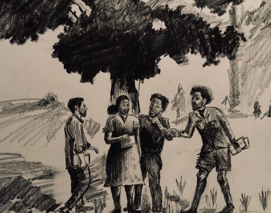 Four people standing under a tree and engaging in conversation.
