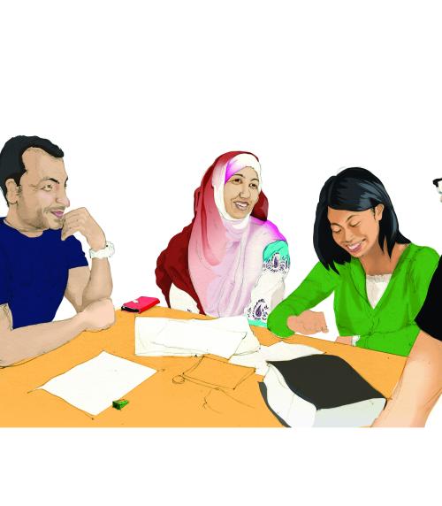 A refugee attending a traditional college class