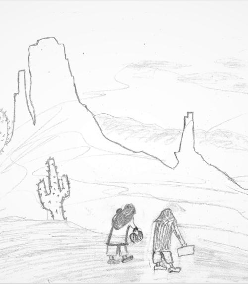 A drawing by a young refugees of two people walking through a desert