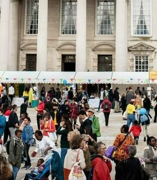 Yorkshire Integration Festival 2022 in Millennium Square in Leeds with Civic Hall in the background