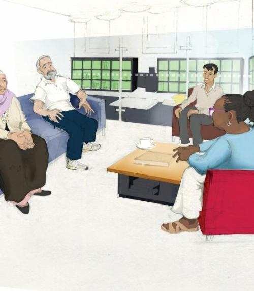 A group of refugees meeting having a conversation in an informal setting