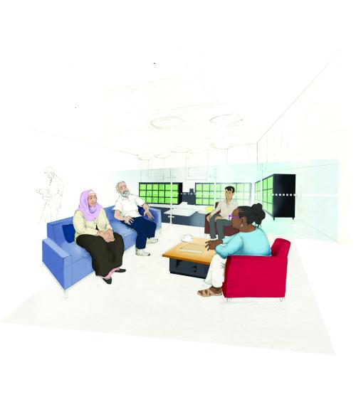 Drawing of a diverse group of people seated on sofas on a library, in conversation