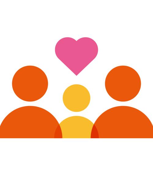 2 cartoon adults and a child with a heart above them