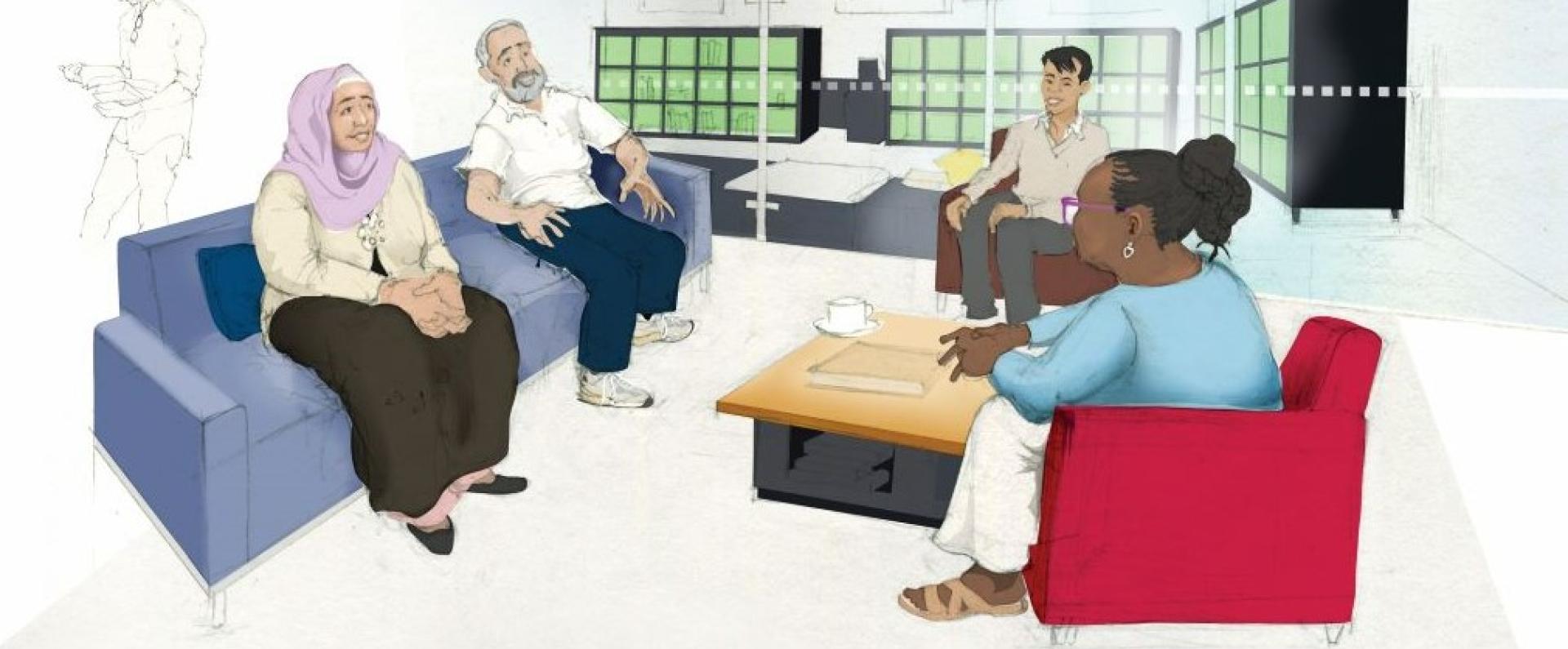 A group of refugees meeting having a conversation in an informal setting