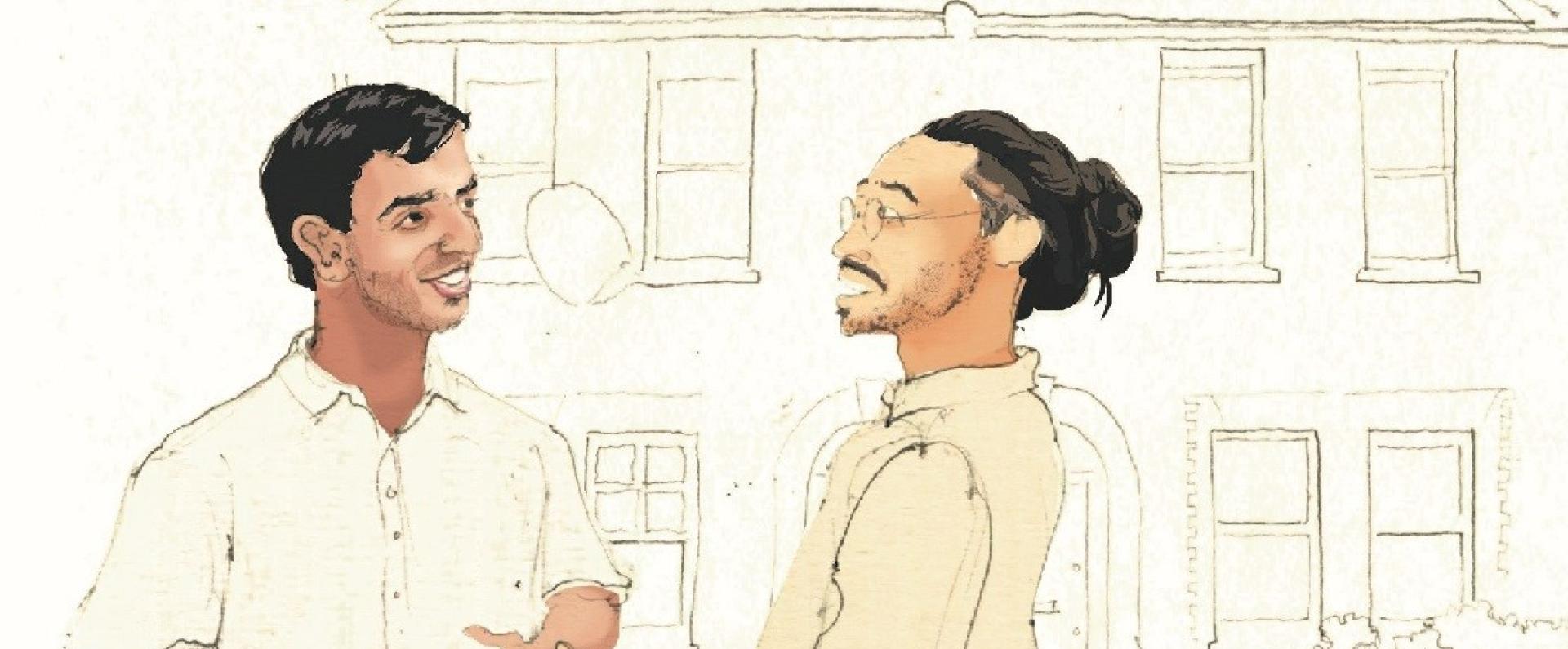 An illustration of two neighbours chatting on the street
