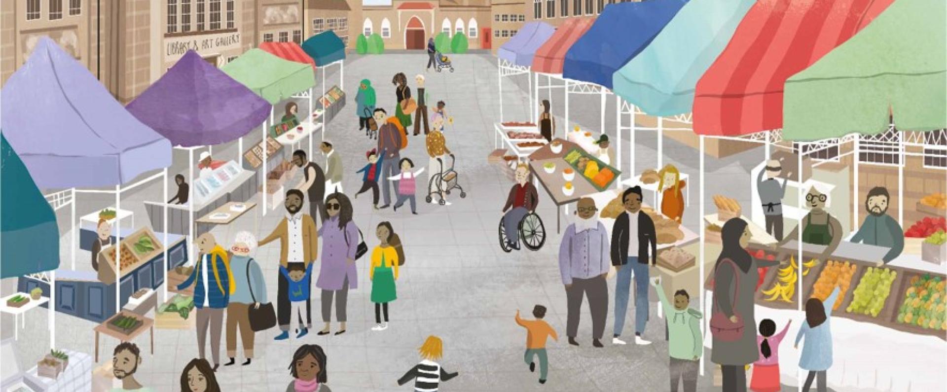 A illustration of Batley town centre on market day